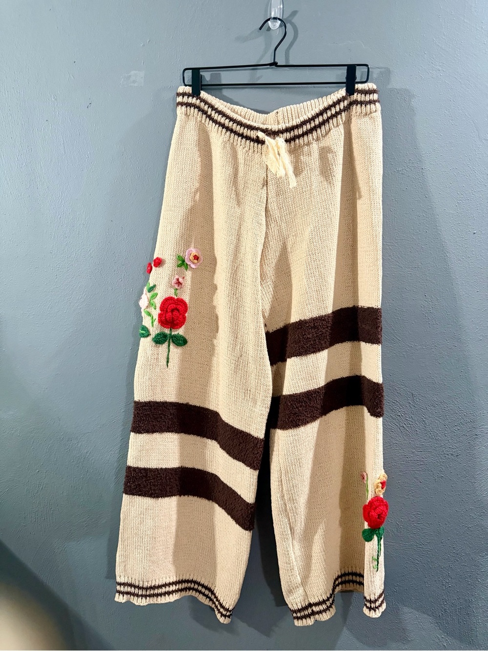 POL Cream Knit Track Pants with Brown Stripes & Floral Embroidery